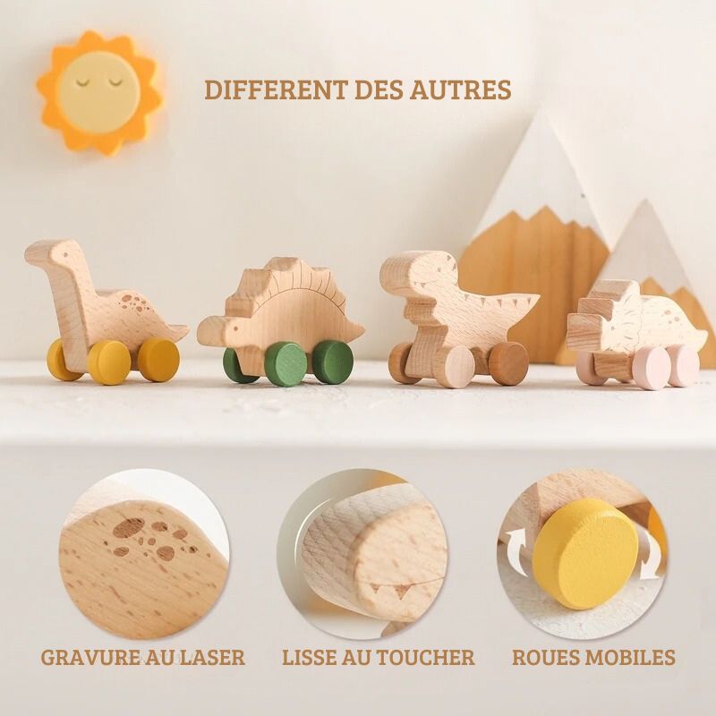 Lot de 4 Jouets Dinosaures en Bois